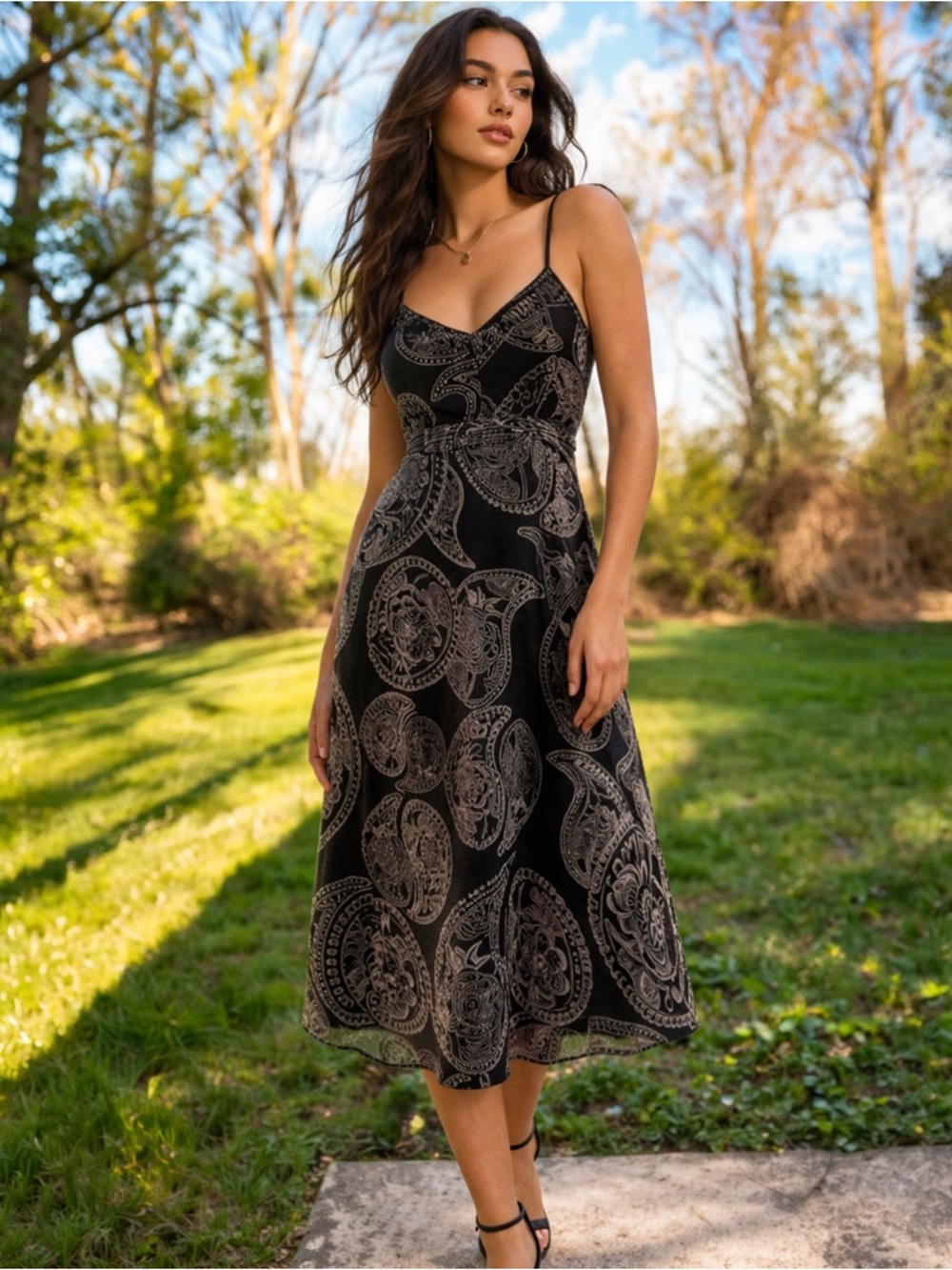 Whimsigoth festival Witchy goth Mystic Boho Paisley Y2K 00s Slip Dress Midi XS